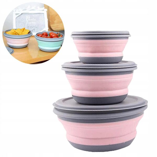 Silikoninių sulankstomų dubenėlių rinkinys su dangteliais 3vnt.